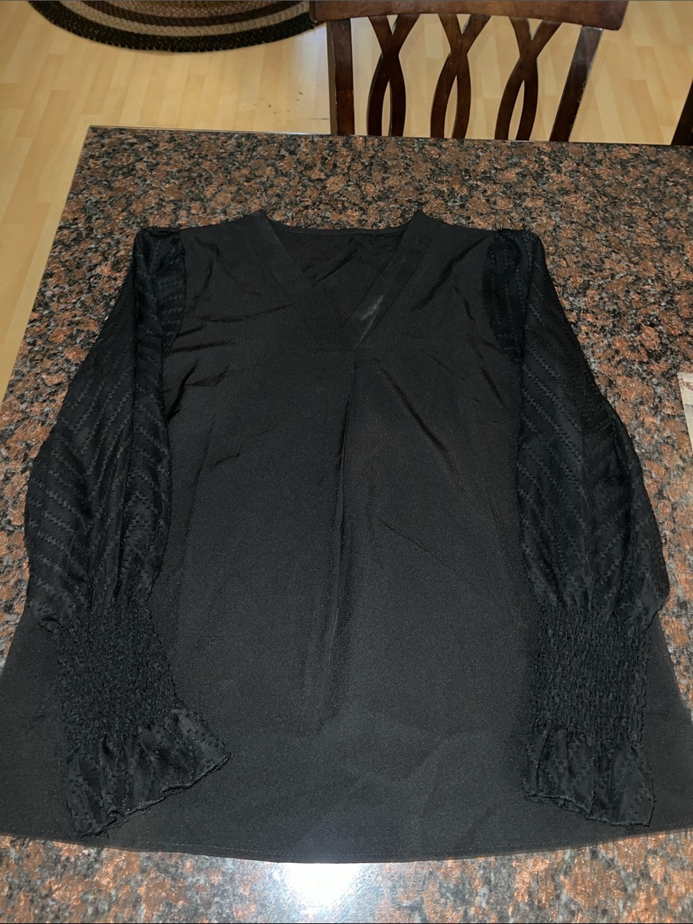 Women's Black V-Neck Long Sleeve Top - Elegant Textured Sleeves